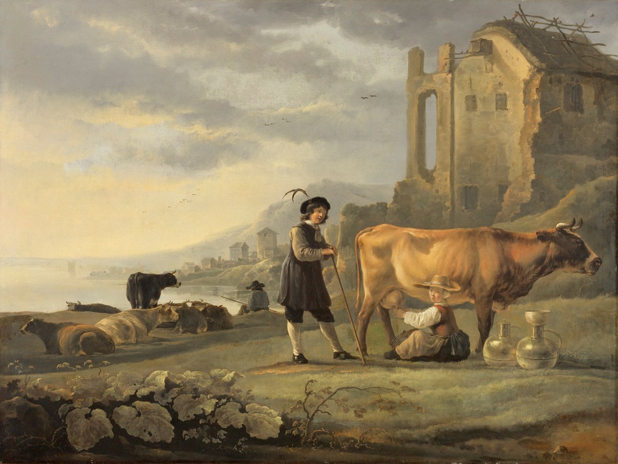 Tájkép tehenet fejő szobalánnyal alkotó: Aelbert Cuyp