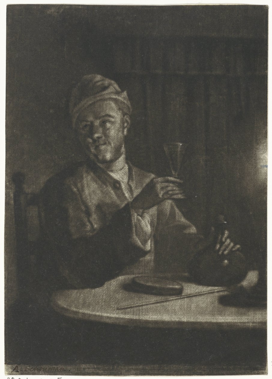 Férfi emelt üveggel alkotó: Aert Schouman