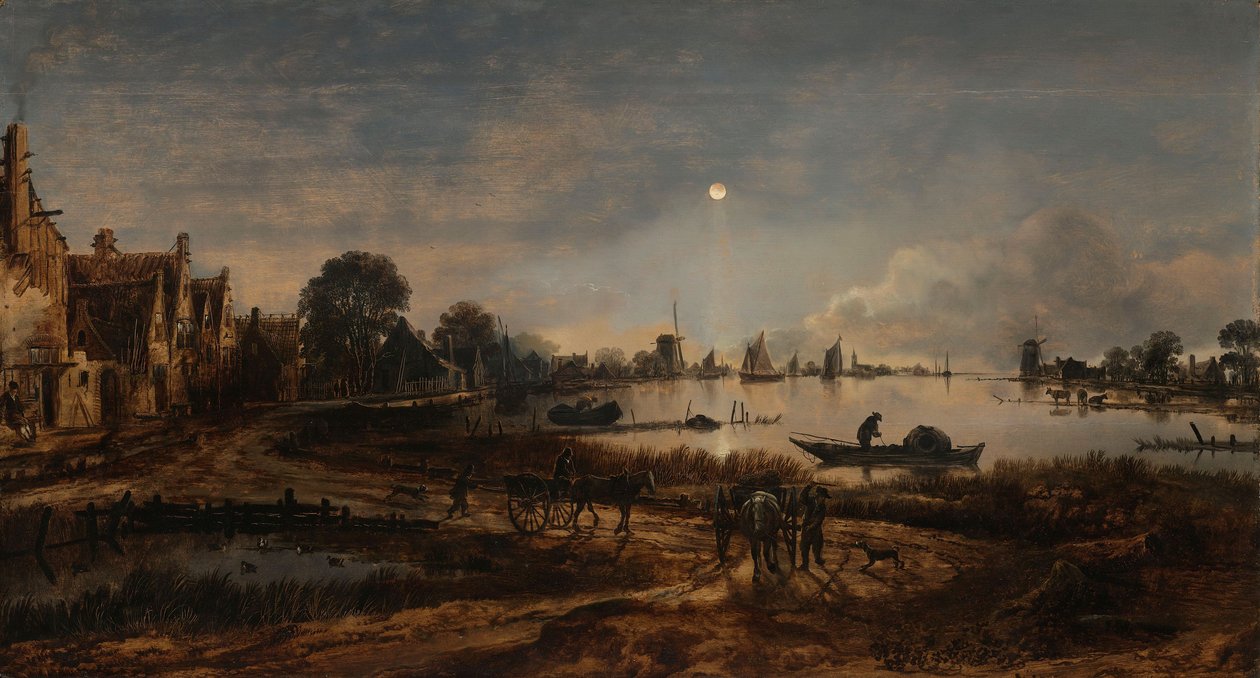 River View by Moonlight, 1640-50 körül alkotó: Aert van der Neer