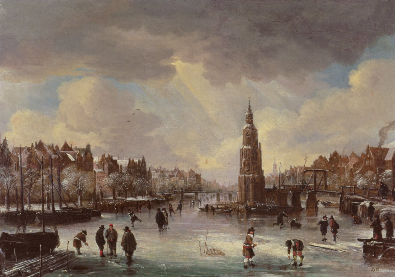 Város a befagyott folyón alkotó: Aert van der Neer