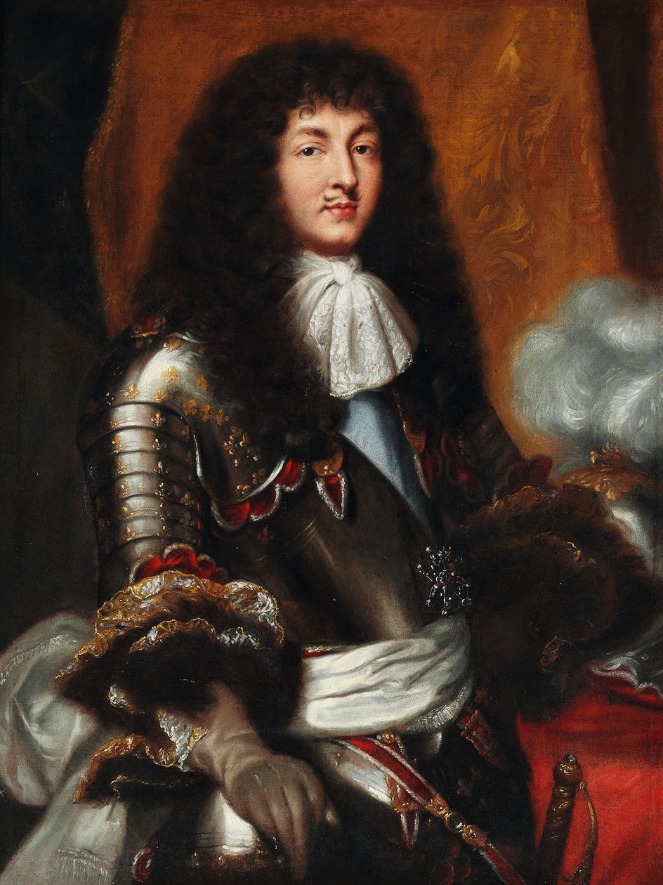 XIV. Lajos sötét telt parókával és páncélban alkotó: Pierre Mignard