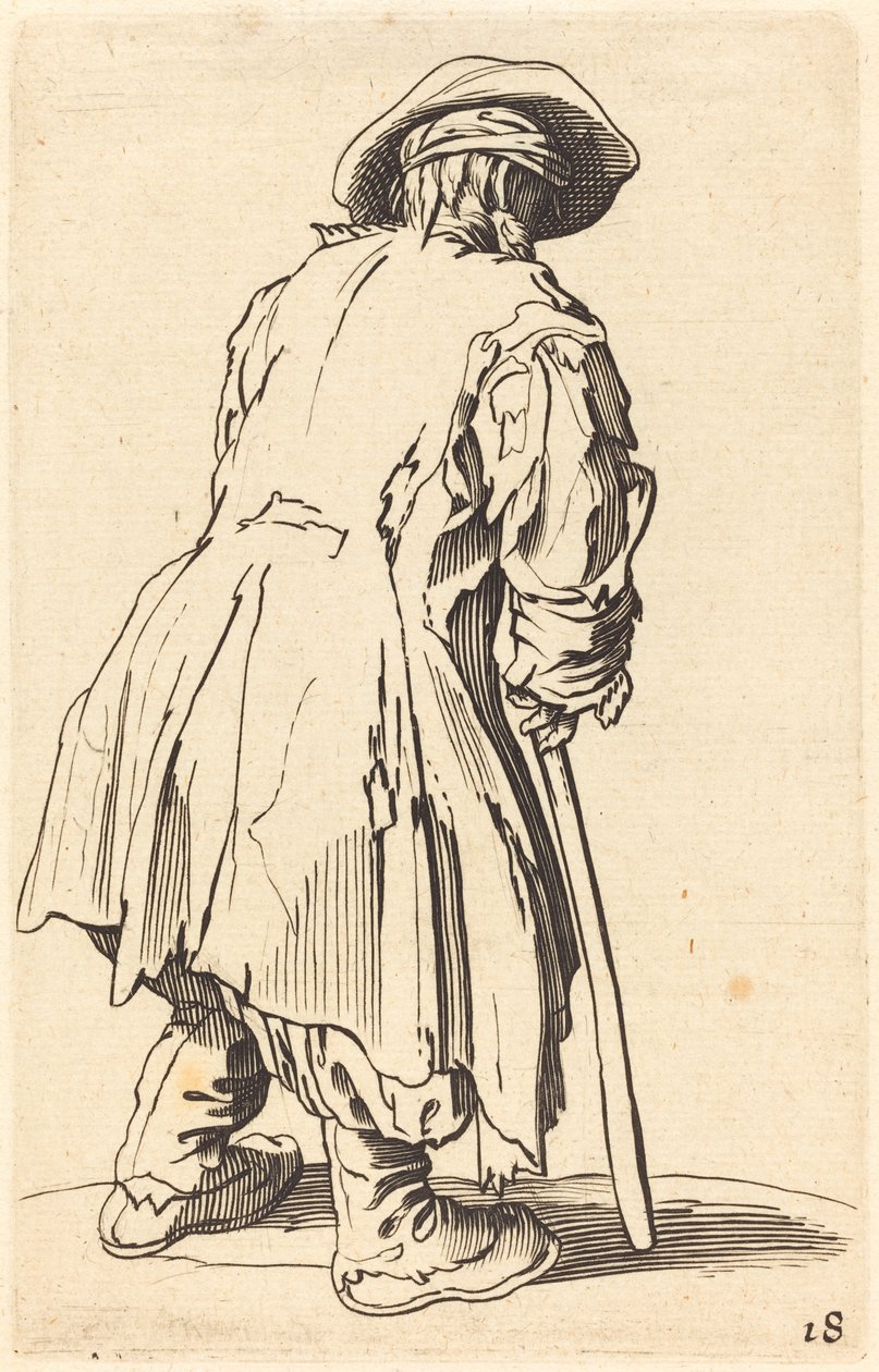 Öreg koldus egy mankóval alkotó: After Jacques Callot