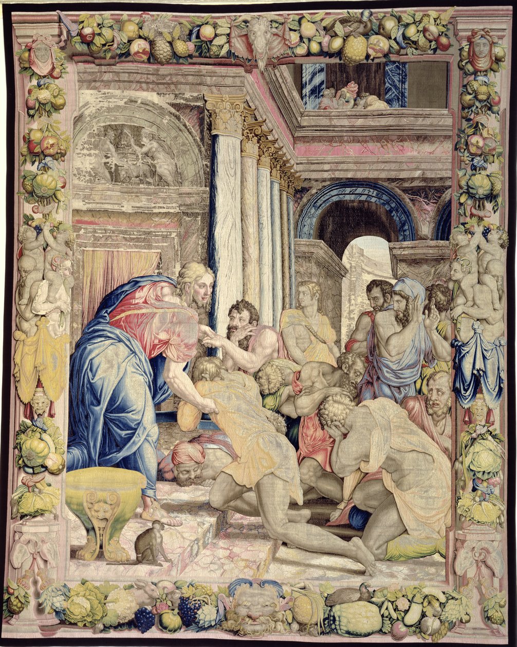 József hagyja, hogy testvérei felismerjék, a Sala dei Dugento-ból, 1546-53 (faliszőnyeg) alkotó: Agnolo and Karcher, Nicholas Bronzino