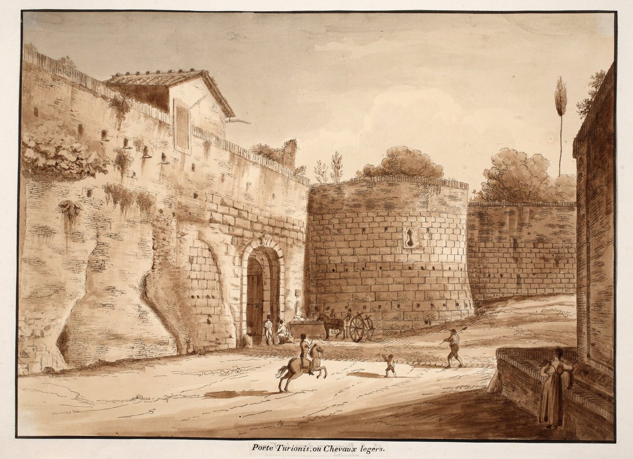 A Porta Turrionis vagy Cavalleggeri, 1833 (barna mosással készült rézkarc) alkotó: Agostino Tofanelli