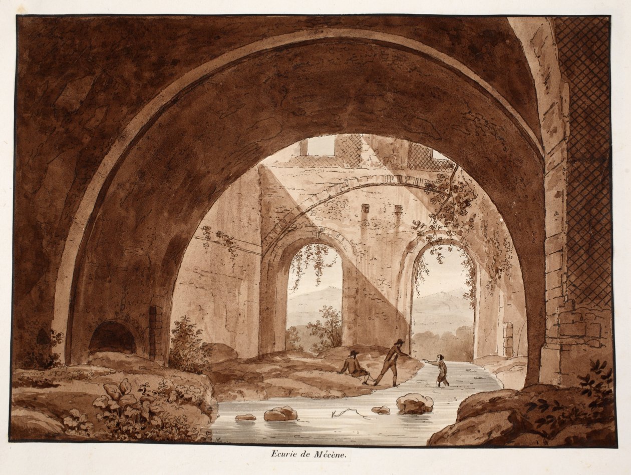 A Villa Maecenas istállója, 1833 (barna mosással készült rézkarc) alkotó: Agostino Tofanelli