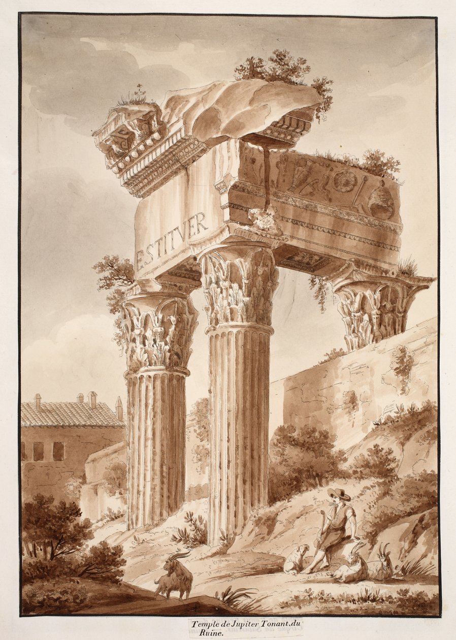 Jupiter Tonans temploma, romok, 1833 (metszet barna mosással) alkotó: Agostino Tofanelli