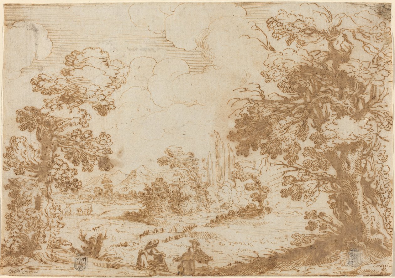 Táj két mosónővel alkotó: Agostino Carracci