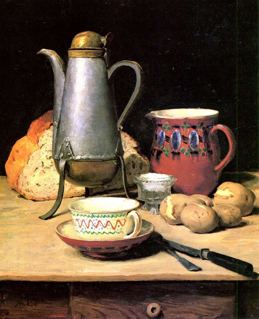 Csendélet, kávé és burgonya alkotó: Albert Anker