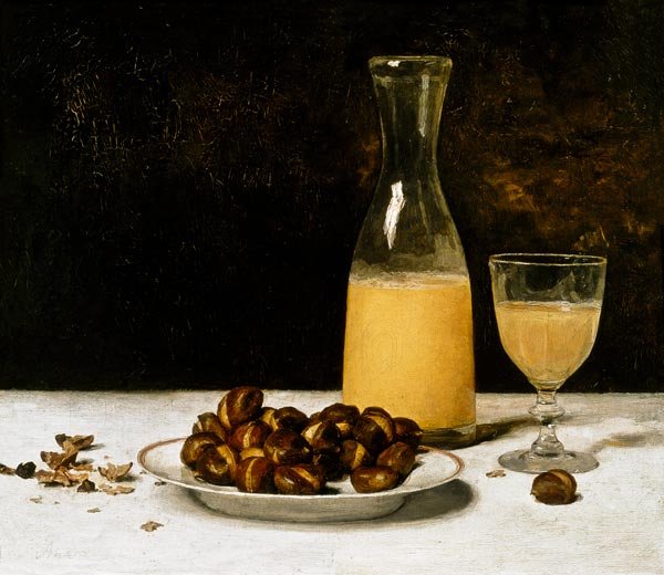 Csendélet borral és gesztenyével alkotó: Albert Anker