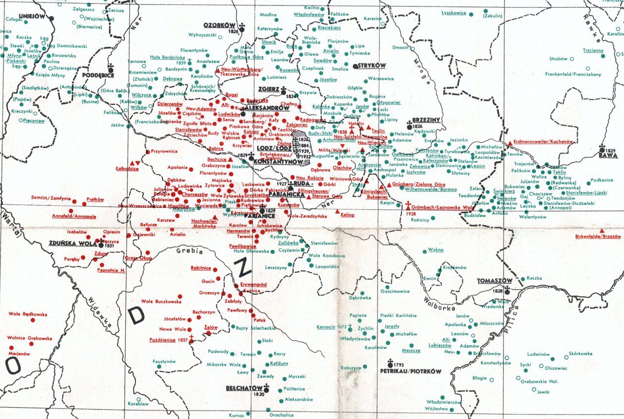 települések 1938-ban Łódź környékén a Warta (Ny), Bzura (É) és Pilica (DK) között alkotó: Albert Breyer