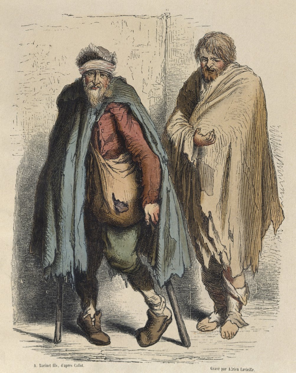 Koldusok, Jacques Callot (1592-1635) nyomán Adrien Lavieille (1818-62) metszetében (színes metszet) alkotó: Albert Charles August Racinet