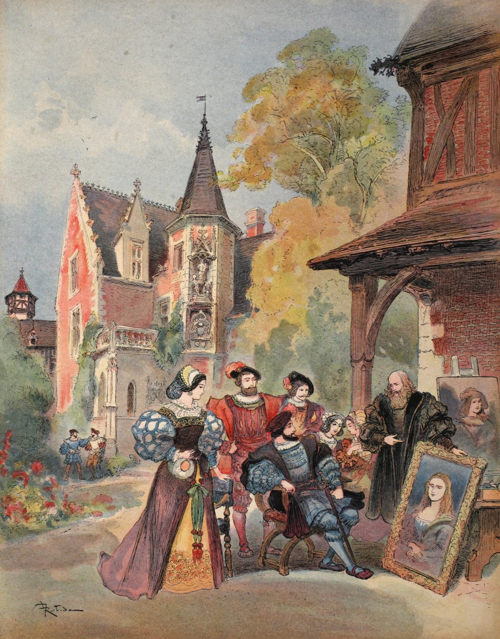 Leonardo da Vinci átadja a Mona Lisát I. Ferencnek, illusztráció a "Francois Ier: Le Roi Chevalier, George G. Toudouze, kiad. 1909 alkotó: Albert Robida