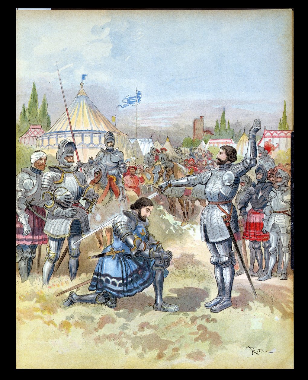 Pierre du Terrail (1476-1524) Chevalier de Bayard lovaggá ütése I. Ferenc (1494-1547) 1909 alkotó: Albert Robida