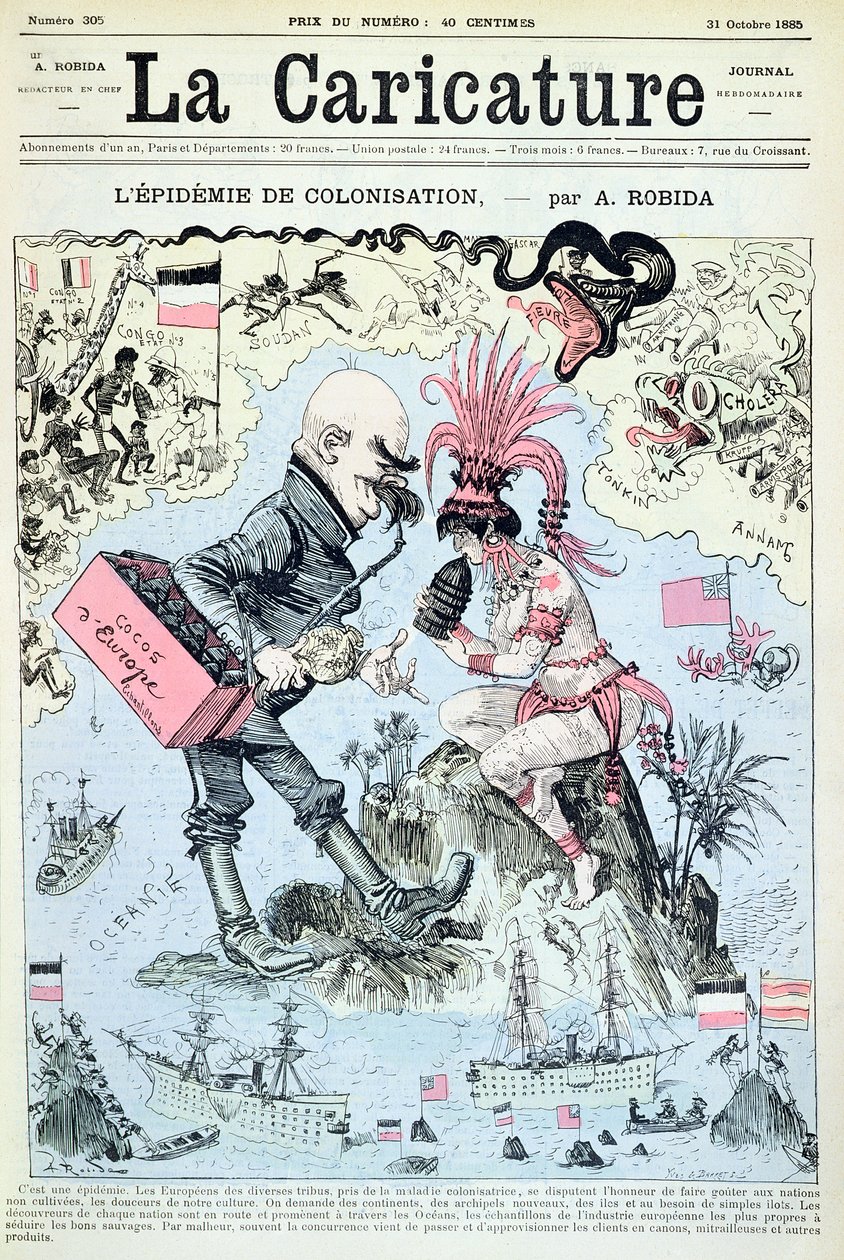 A kolonizációs járvány, a "La Caricature"-ból, metszet: Yves und Barret, 1885. október 31. alkotó: Albert Robida