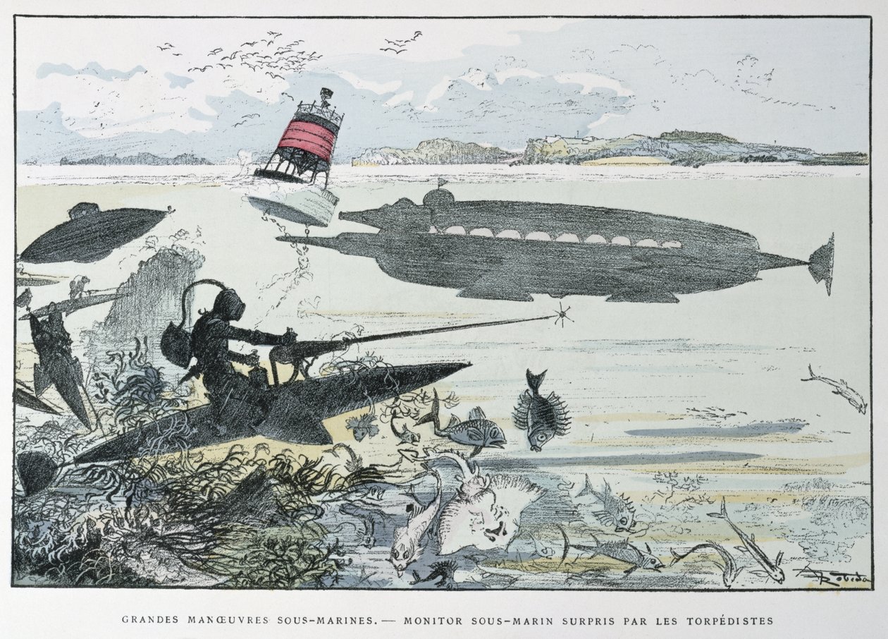 Víz alatti manőverek, a „Le XXe Siecle, La Vie Electrique”, 1890 körül alkotó: Albert Robida