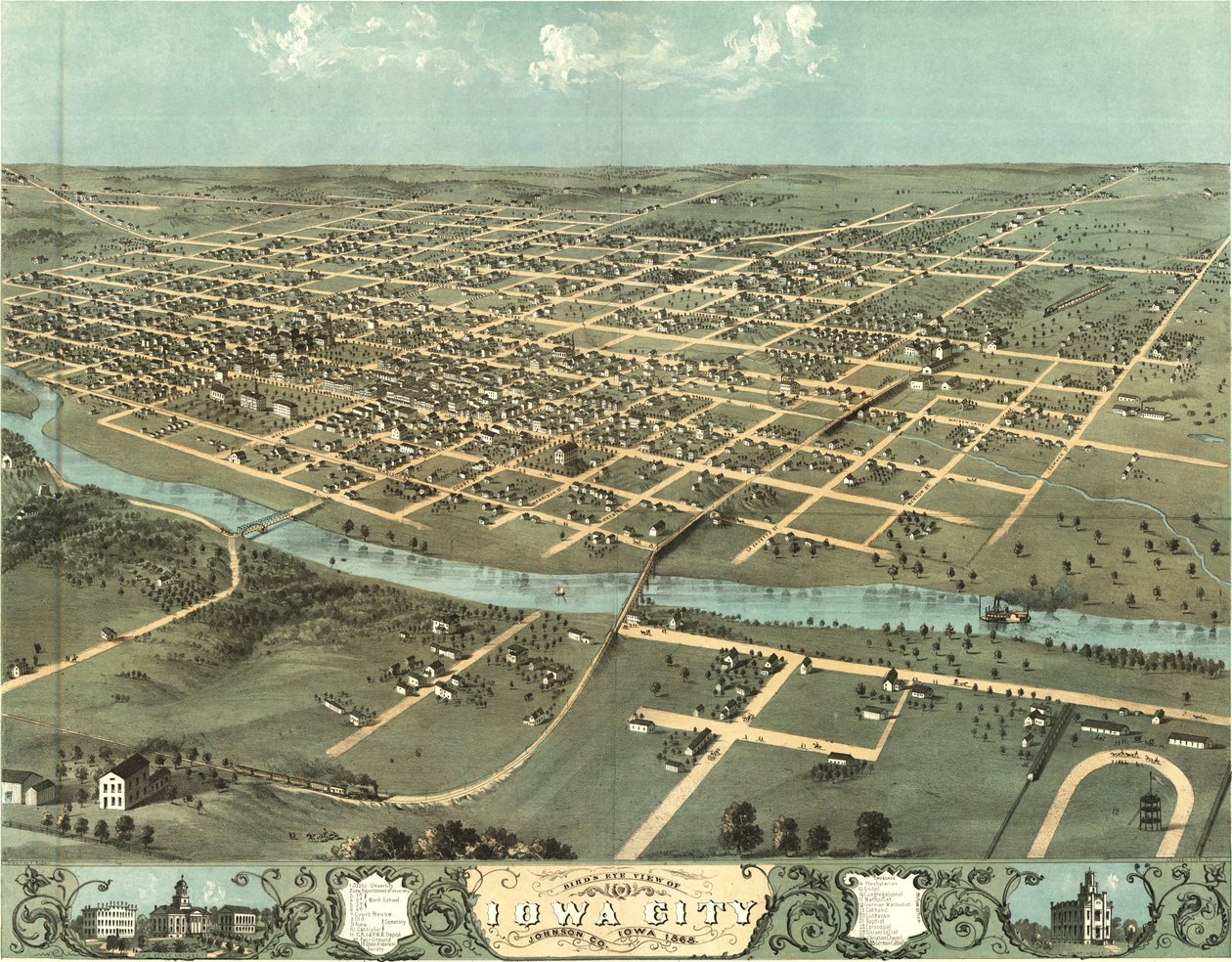 Madártávlatos kilátás Iowa városára, Iowa 1868 -ban alkotó: Albert Ruger