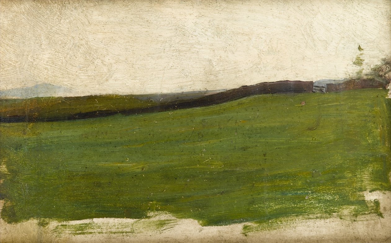 Tájkép zöld réttel és kapufallal, 1900 körül (olaj, rátétes preparált művészpanel) alkotó: Albert de Belleroche