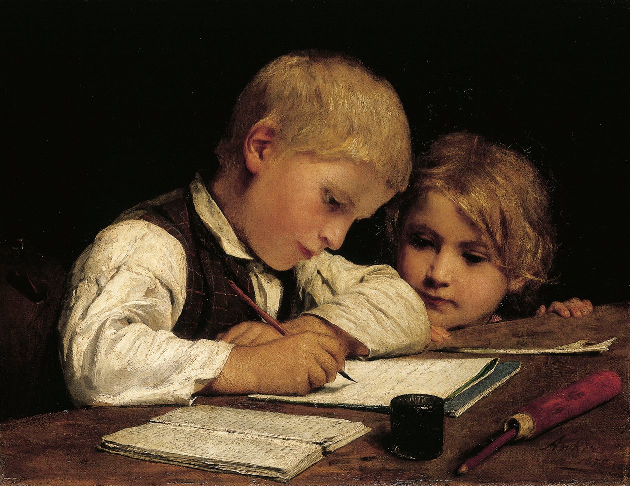 Fiú, aki nővérével ír, 1875 alkotó: Albert Anker