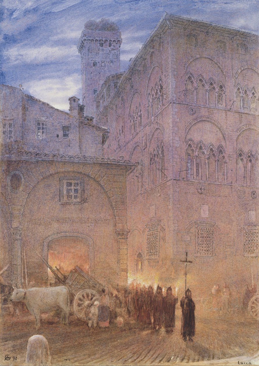 Lucca; Toszkána; vallási körmenet; kocsi; tehén; alkotó: Albert Goodwin