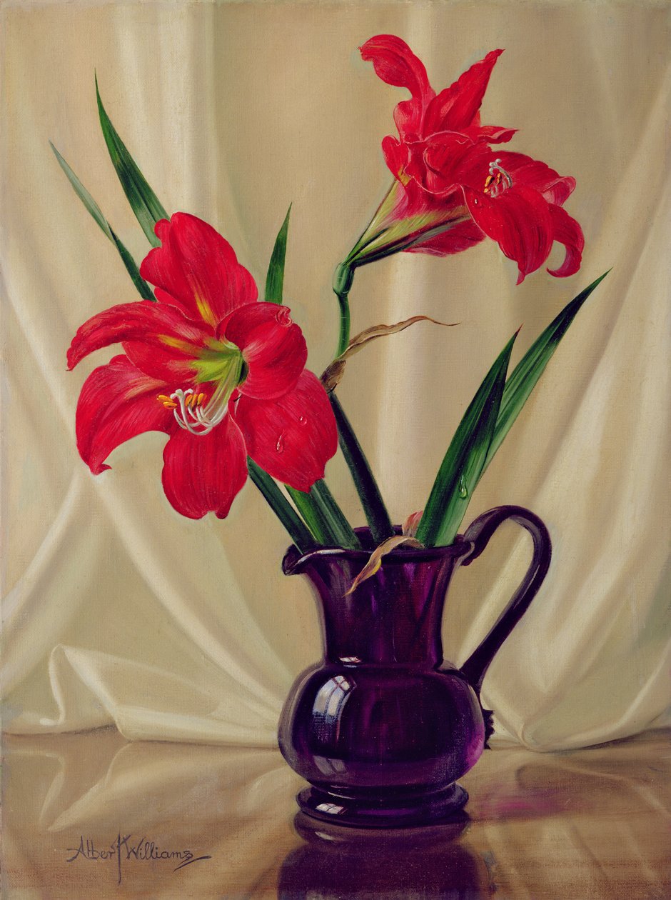 Amaryllis liliomok, sötét üvegkancsóban alkotó: Albert Williams