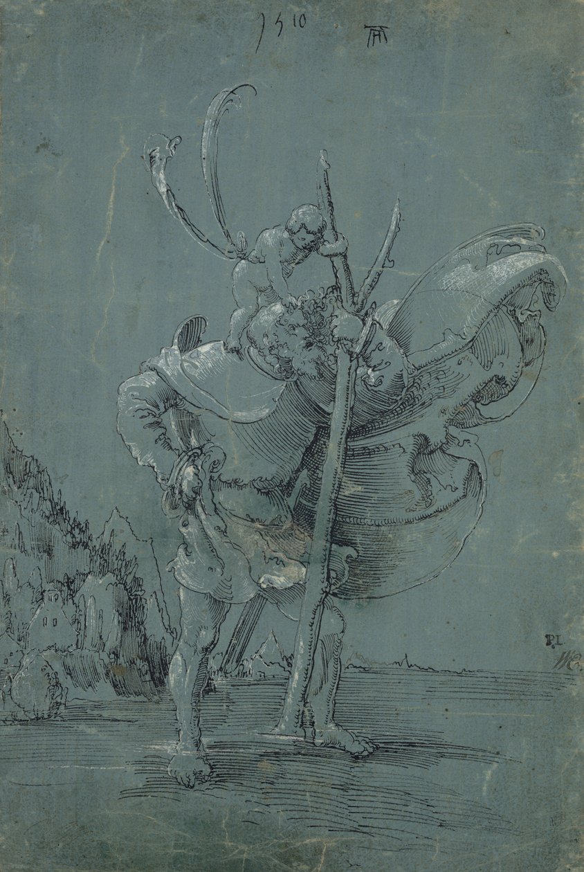 Szent Kristóf, 1510 (toll és fekete tinta fehér ceruzával zöld kék papíron) alkotó: Albrecht Altdorfer
