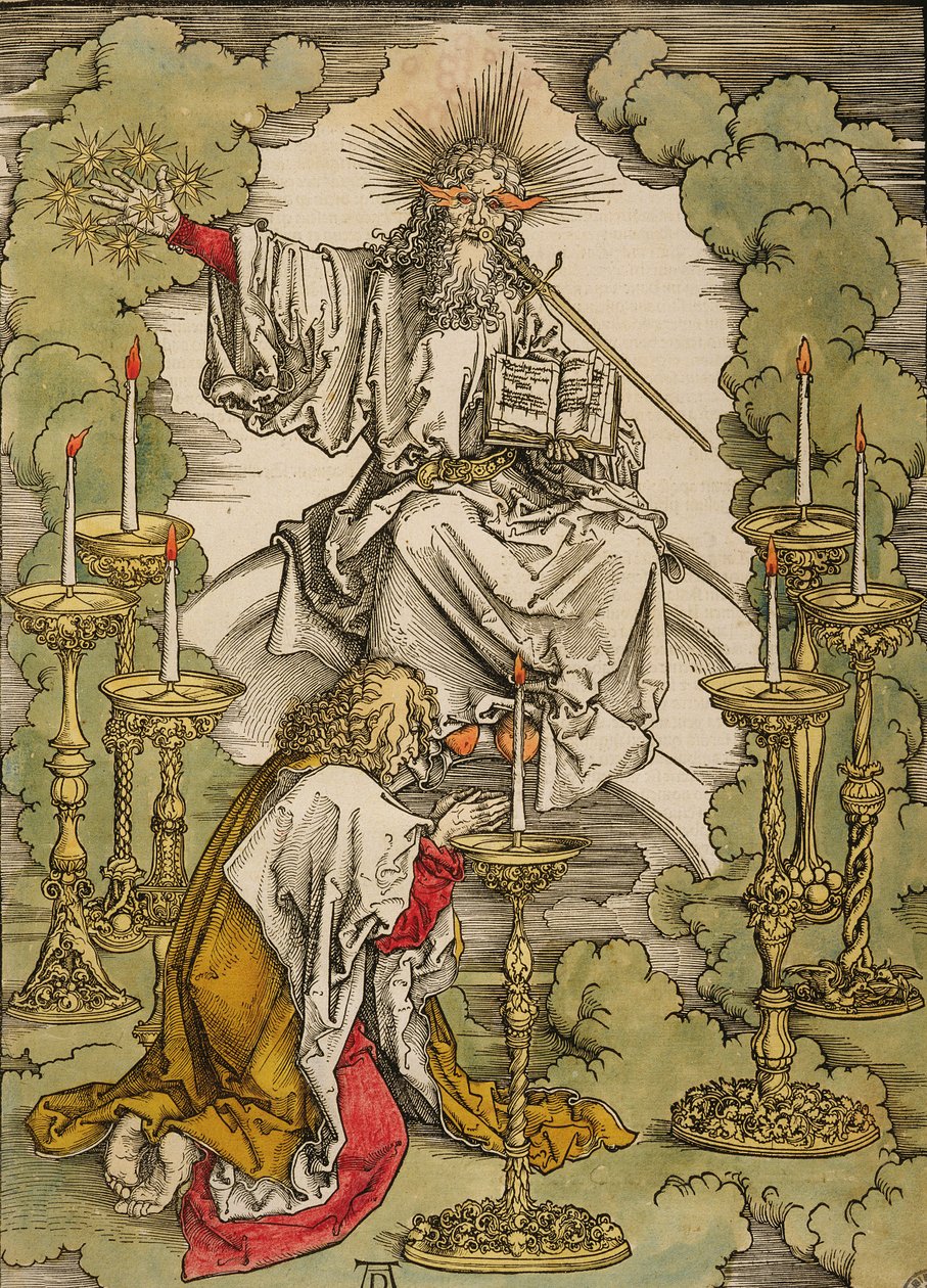 Szent János Patmosz szigetén Istentől kap ihletet az Apokalipszis megalkotásához, 1498 (színes fametszet) alkotó: Albrecht Dürer