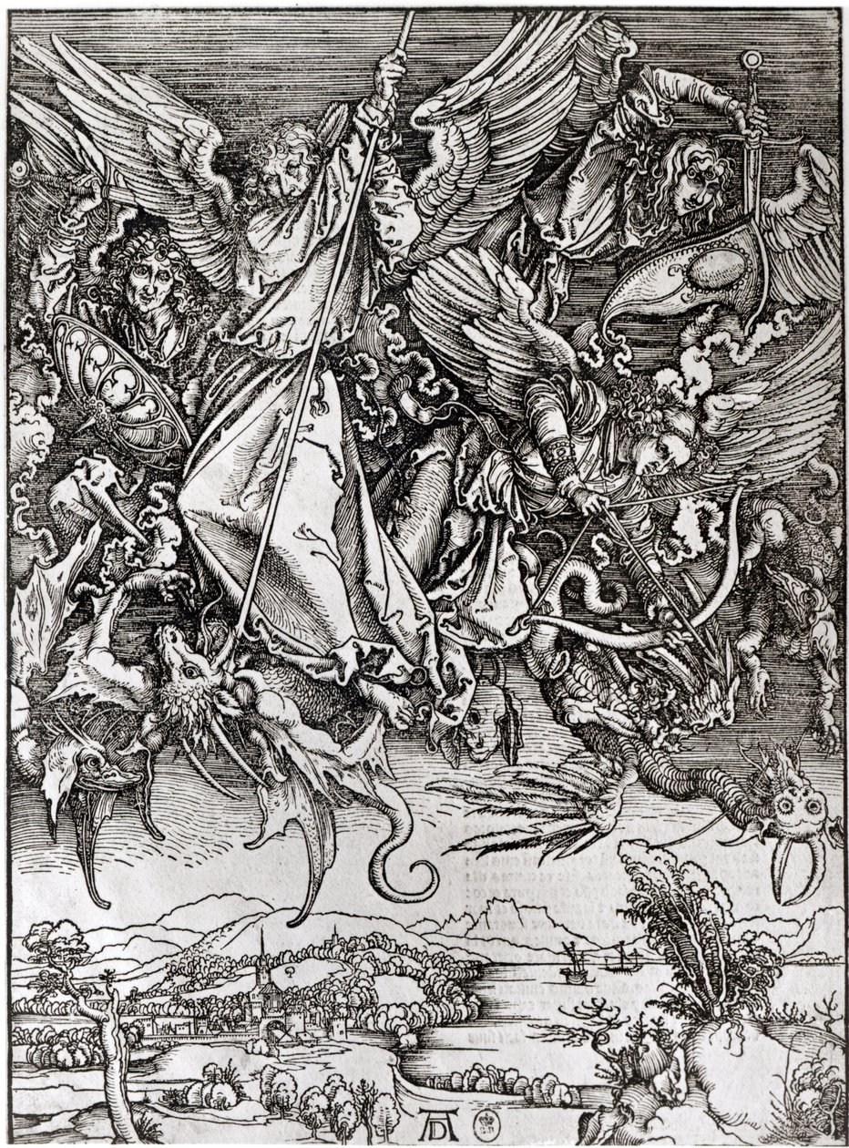 Szent Mihály és a sárkány, latin kiadásból, 1511 (xilográf) alkotó: Albrecht Dürer