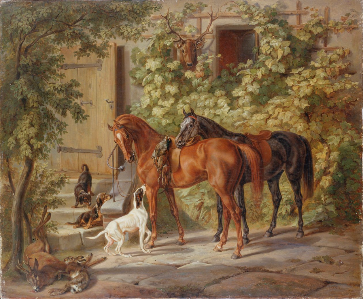 Lovak a tornácon, 1843. alkotó: Albrecht Adam