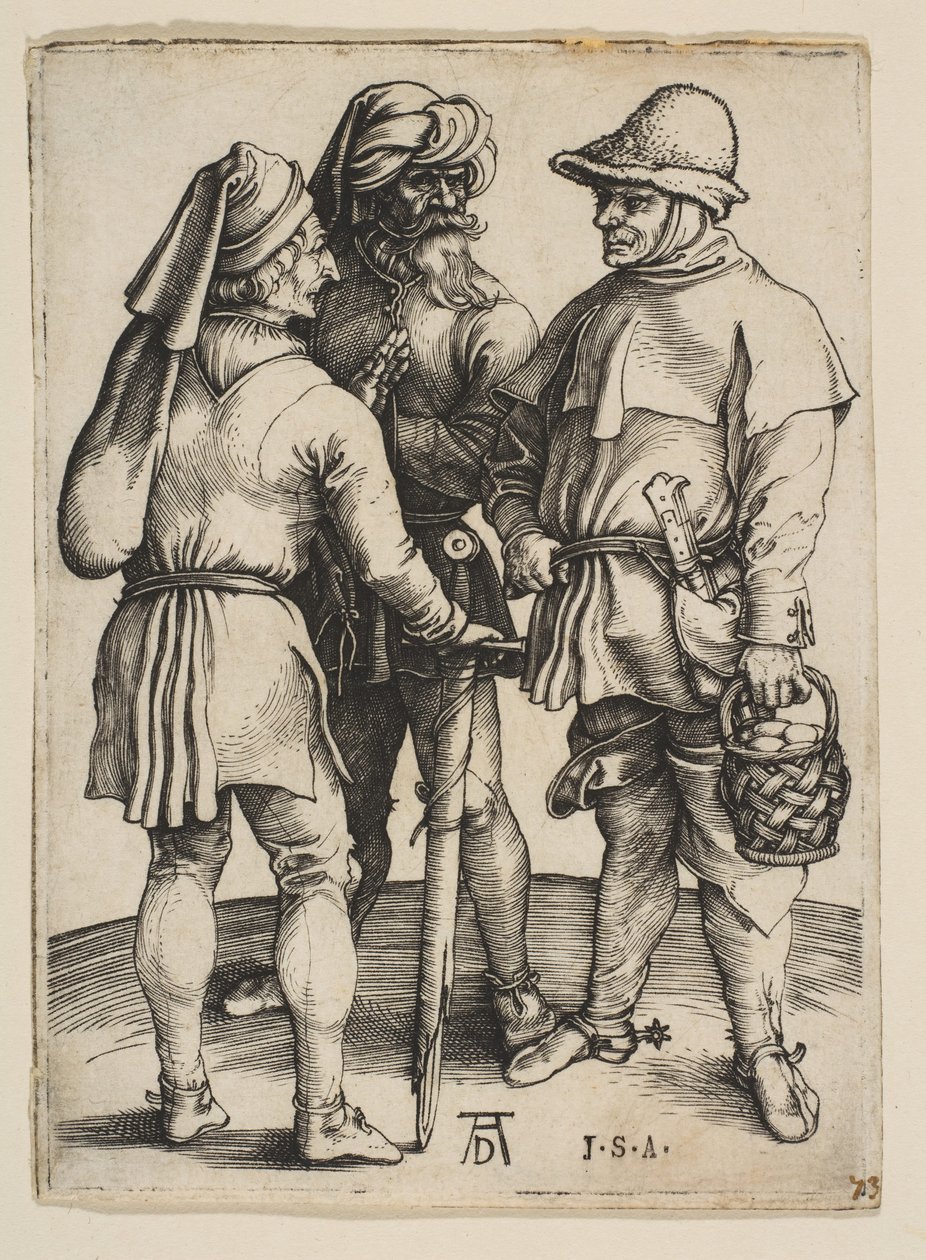 Három paraszt beszélgetésben, kb. 1497. alkotó: Albrecht Dürer