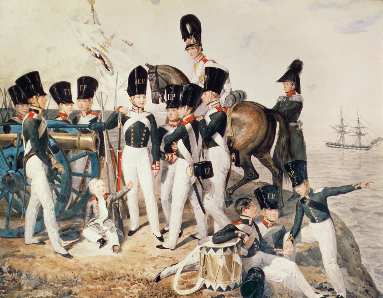 Sándor cárevics (1818-81) kadétjaival Peterhofban, 1823 körül alkotó: Aleksandr Pavlovich Bryullov