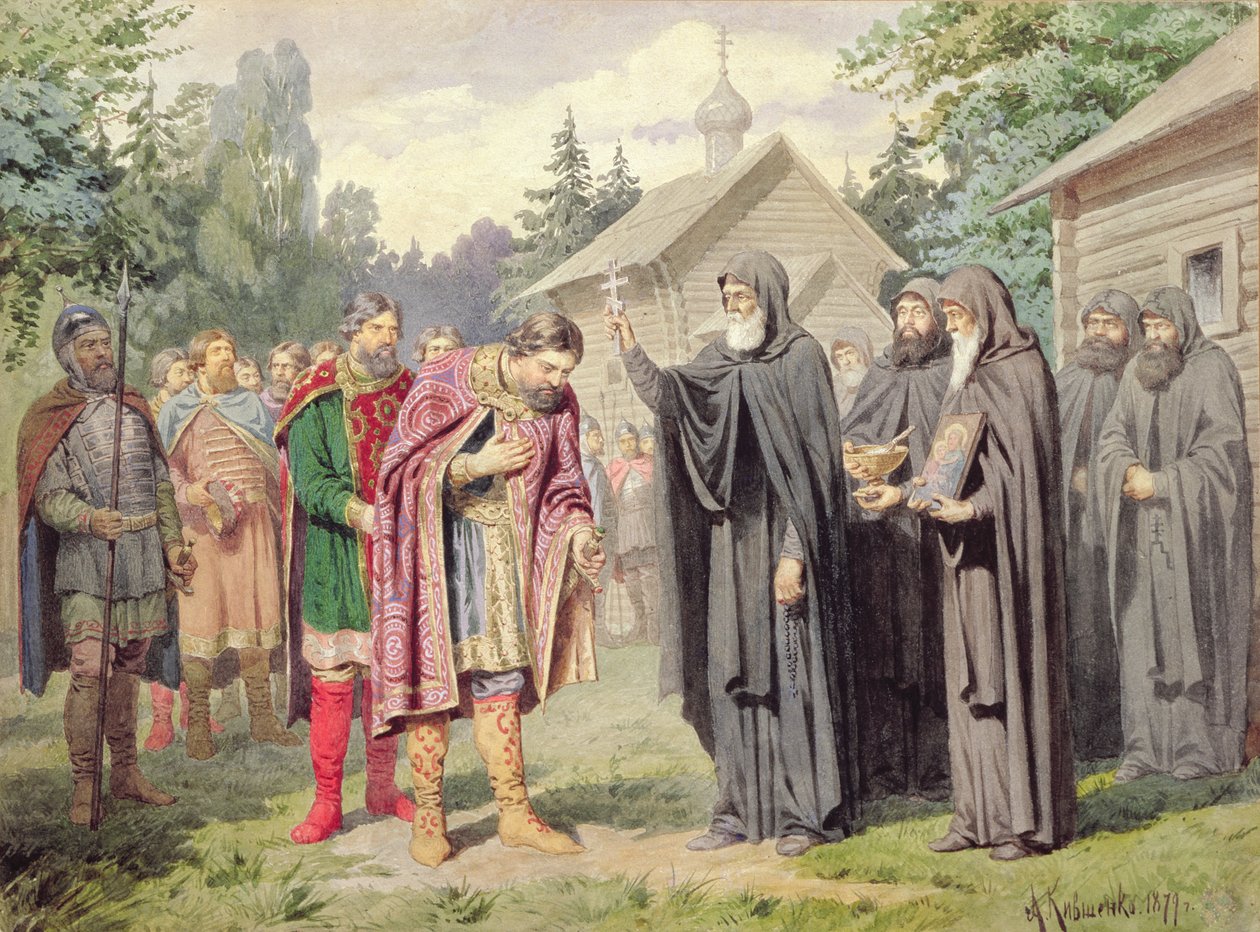 Dimitrij herceg és Szent Szergij Redonyezsben a tatárokkal vívott csata előtt, 1880 alkotó: Aleksei Danilovich Kivshenko