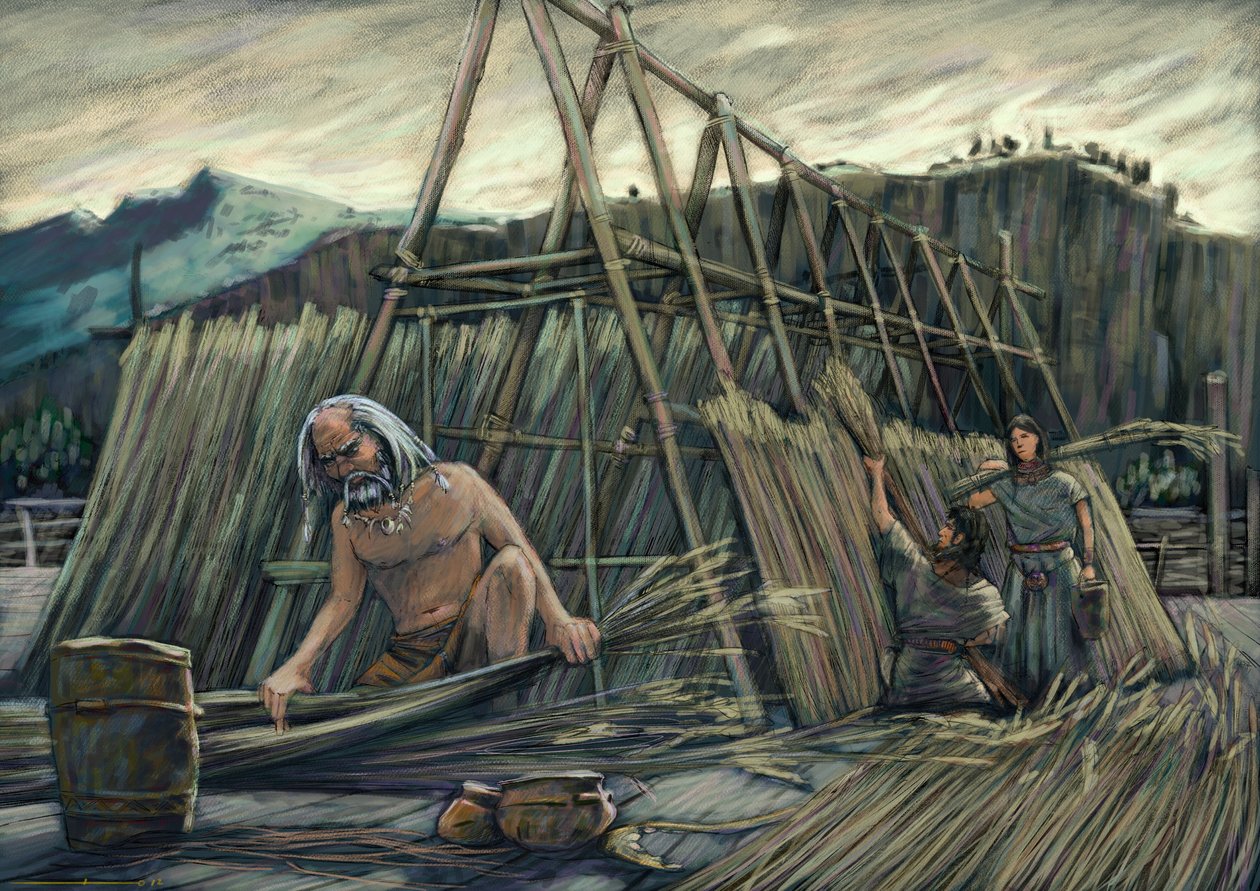 Palafitte házak, őskori házak építése. alkotó: Alessandro Lonati