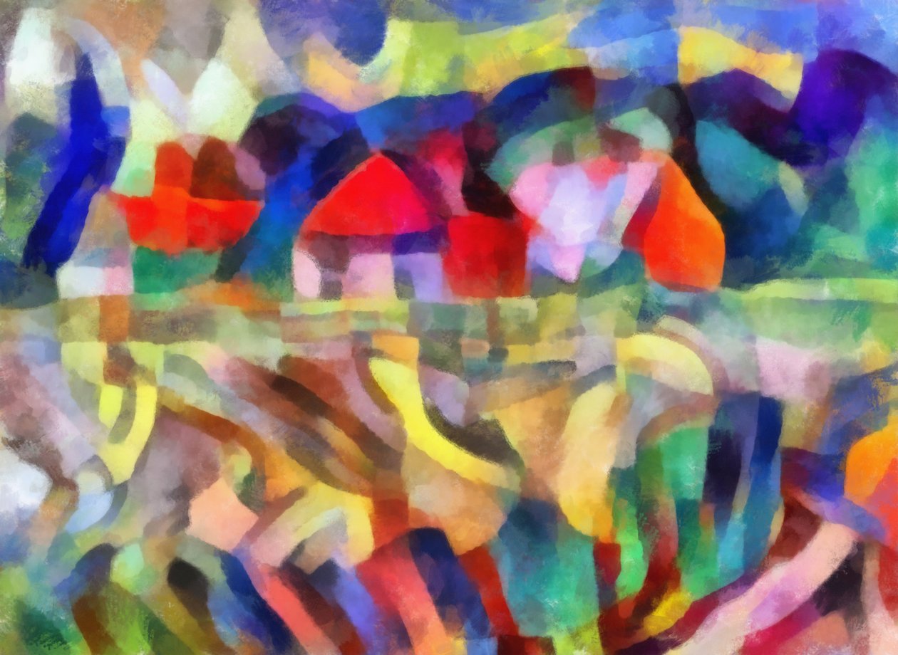 piros-narancssárga házak a mezőn, 2017, alkotó: Alex Caminker