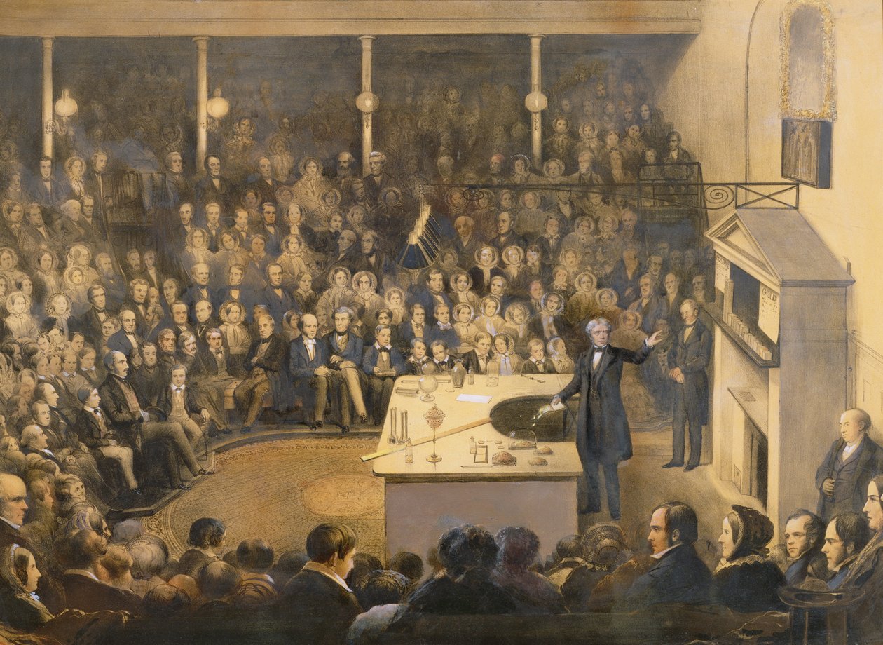 Michael Faraday (1791-1867) Előadás a Theatre-ben a Királyi Intézetben, 1856 körül (színes litográfia) alkotó: Alexander Blaikley