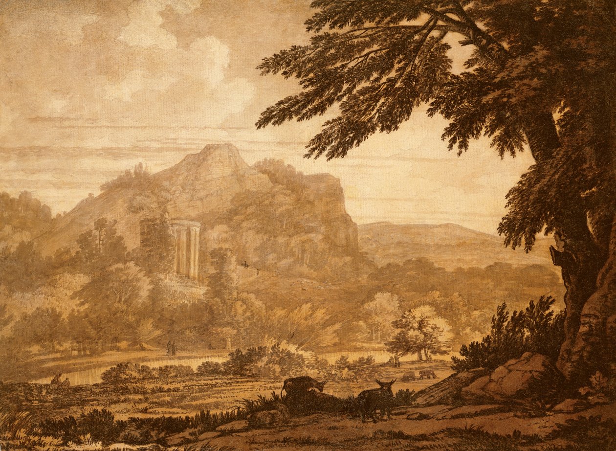 Tájkép templommal (toll és tus, mosás, papír) alkotó: Alexander Cozens