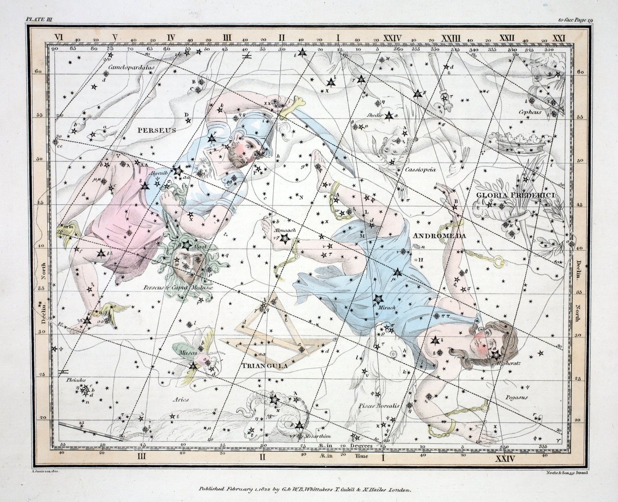 A csillagképek (III. tábla) Androméda, Triangulum, II Perseus et Caput Medusae, Gloria Frederici, Alexander Jamieson „Egy égi atlasza” című művéből, pub. London 1822 (kézzel színezett metszet) alkotó: Alexander Jamieson