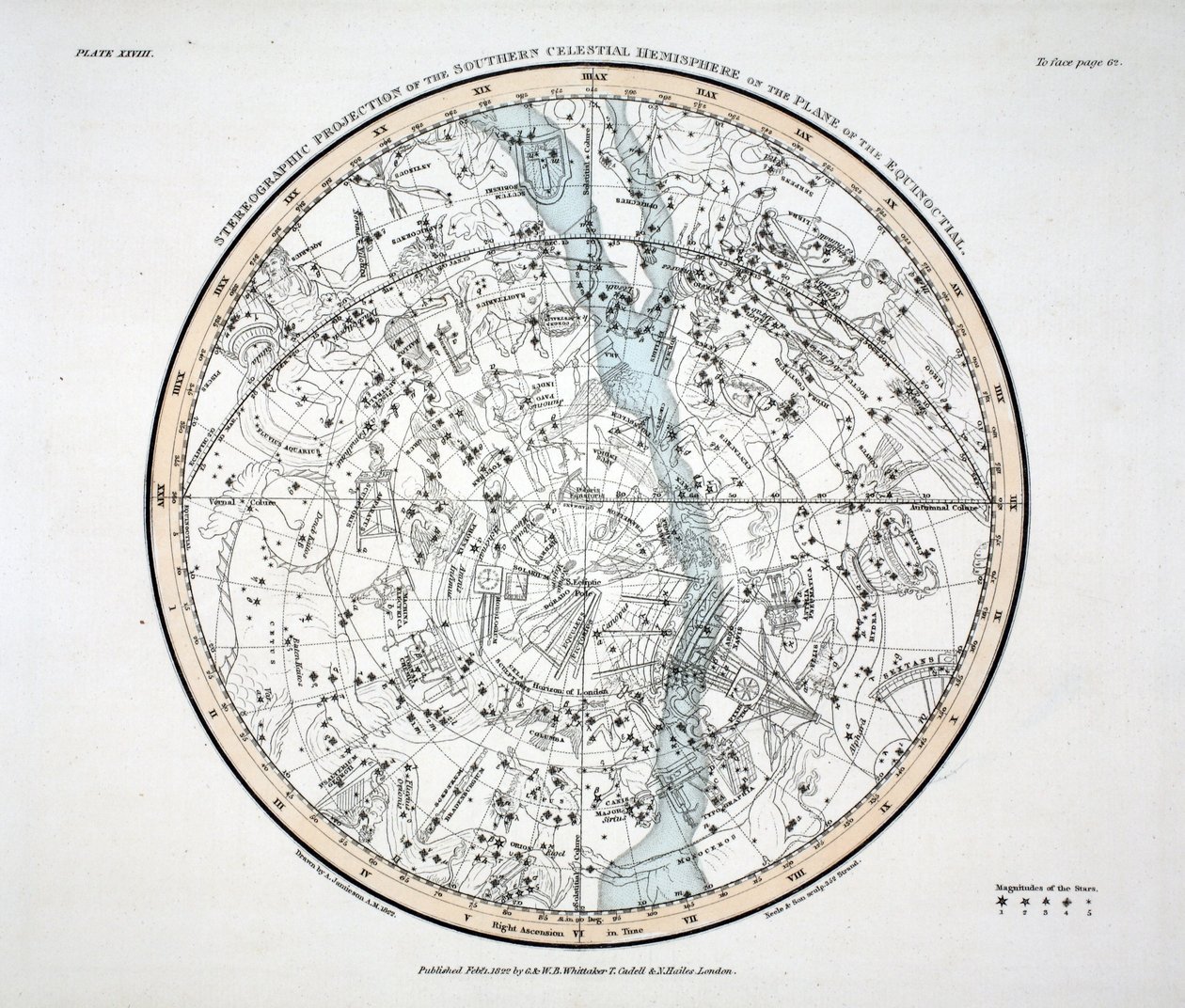 A déli félteke (XXVIII. tábla) Phoenix, Piscis Volans, Pavo et Indus, Apus Indica, Grus, Circinus, Dorado vel Xiphias, The Chameleon, Crux, Mons Mensae, Reticula Rhomboidalis, Octans Hadlienus. alkotó: Alexander Jamieson