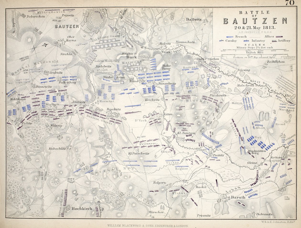 A Bautzeni csata térképe, kiadó: William Blackwood and Sons, Edinburgh és London, 1848 (kézzel színezett metszet). alkotó: Alexander Keith Johnston