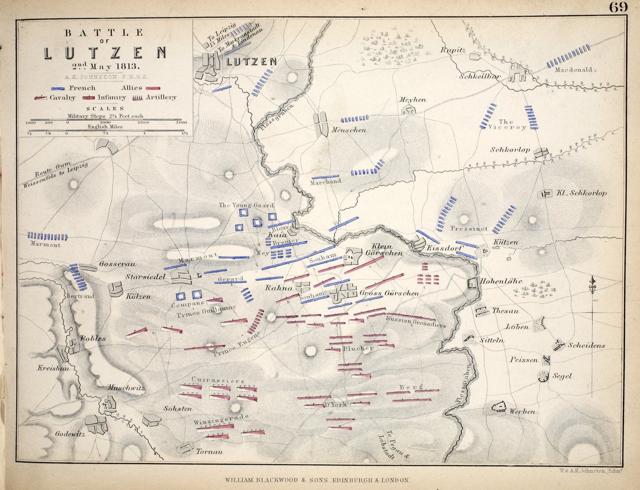 A lutzeni csata térképe, kiadó: William Blackwood and Sons, Edinburgh és London, 1848 (kézzel színezett metszet) alkotó: Alexander Keith Johnston