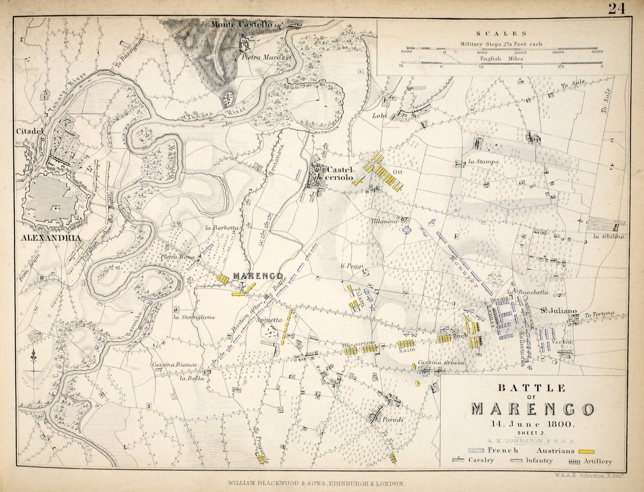 A marengói csata térképe, kiadó: William Blackwood and Sons, Edinburgh és London, 1848 (kézzel színezett metszet) alkotó: Alexander Keith Johnston