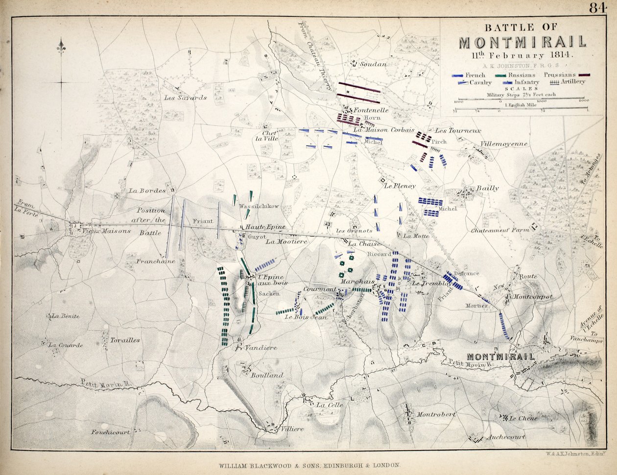 A montmiraili csata térképe, kiadó: William Blackwood and Sons, Edinburgh és London, 1848 (kézzel színezett metszet) alkotó: Alexander Keith Johnston