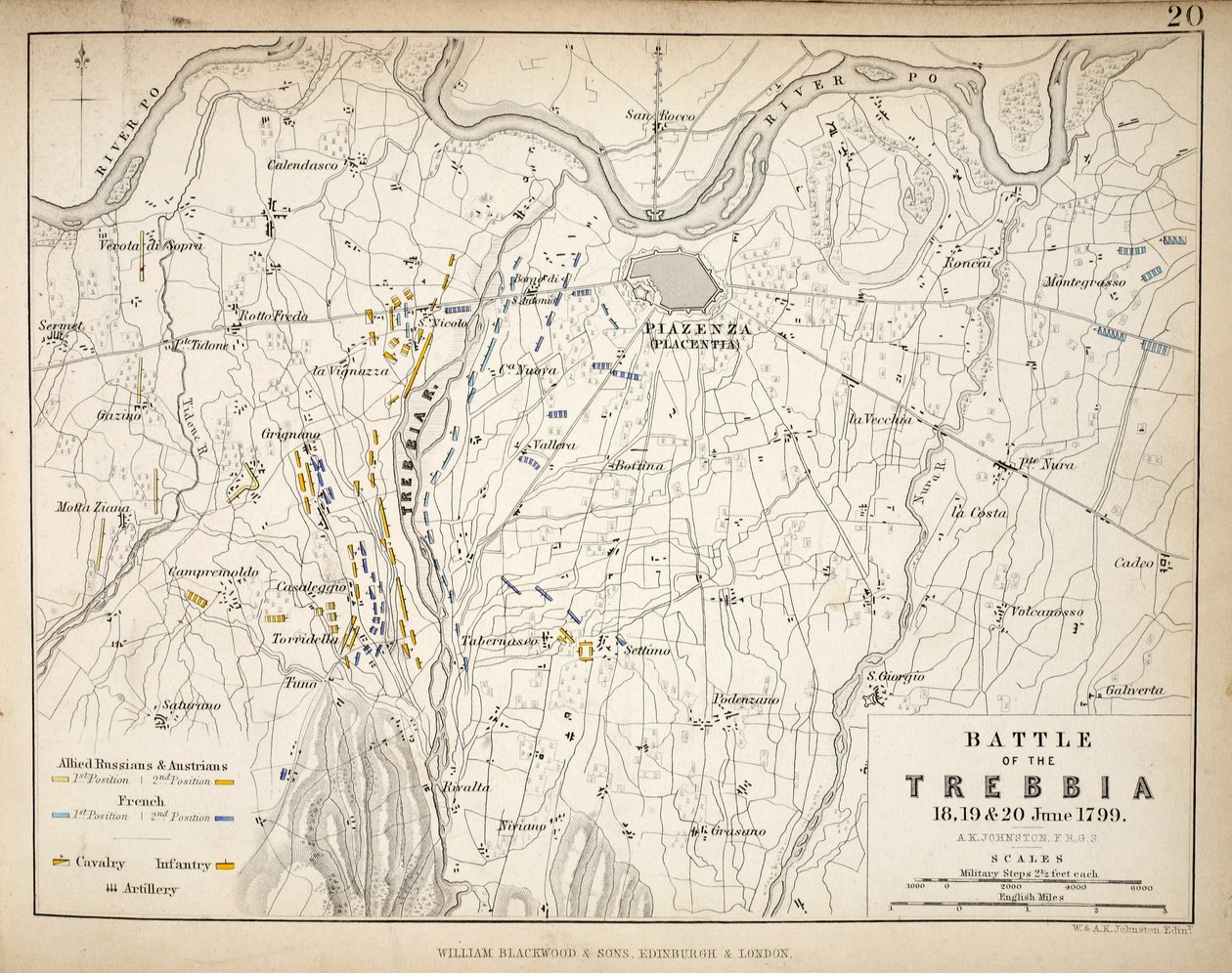 A trebbiai csata térképe, kiadó: William Blackwood and Sons, Edinburgh és London, 1848 (kézi színezésű metszet). alkotó: Alexander Keith Johnston
