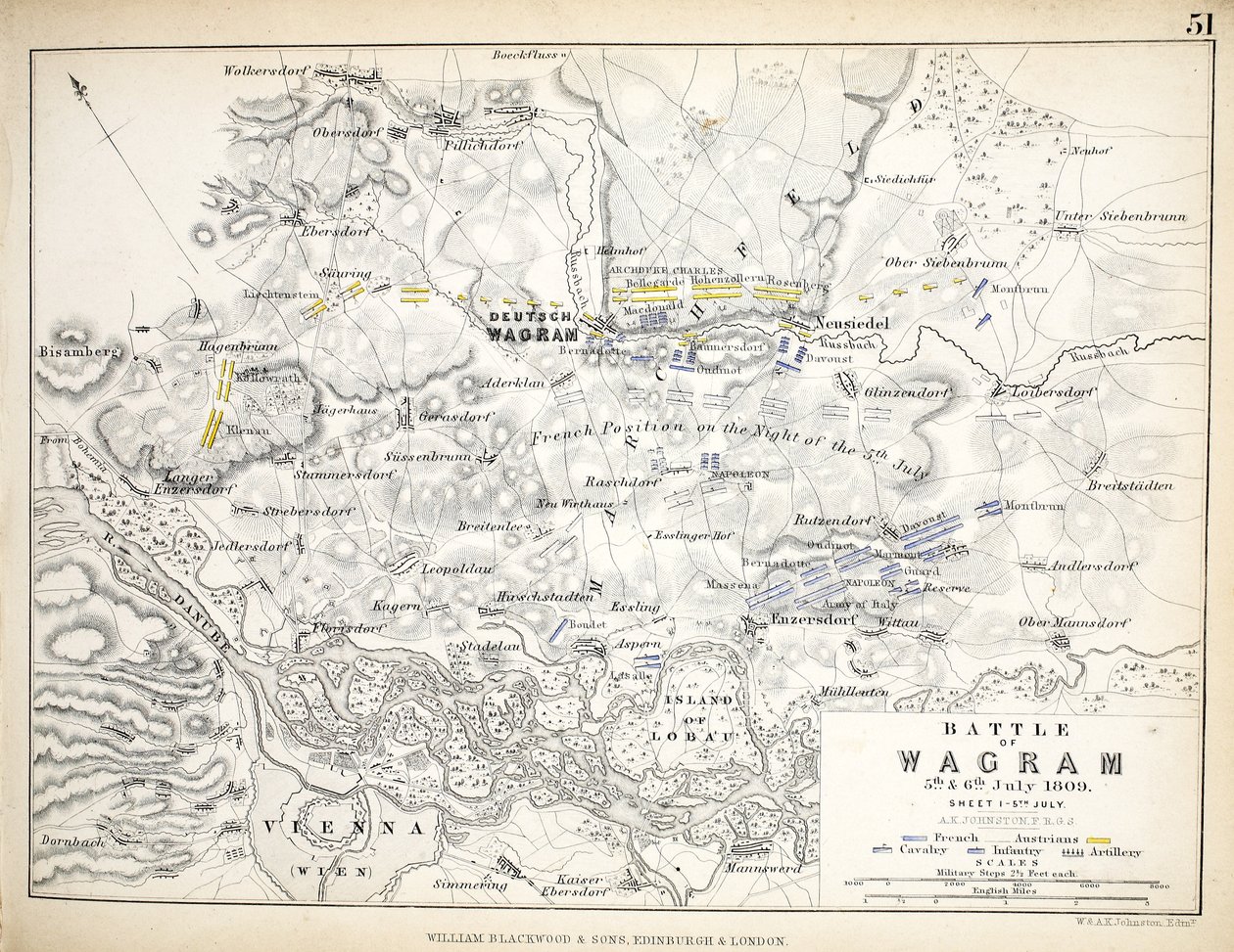 A wagrami csata térképe, kiadó: William Blackwood and Sons, Edinburgh és London, 1848 (kézzel színezett metszet) alkotó: Alexander Keith Johnston
