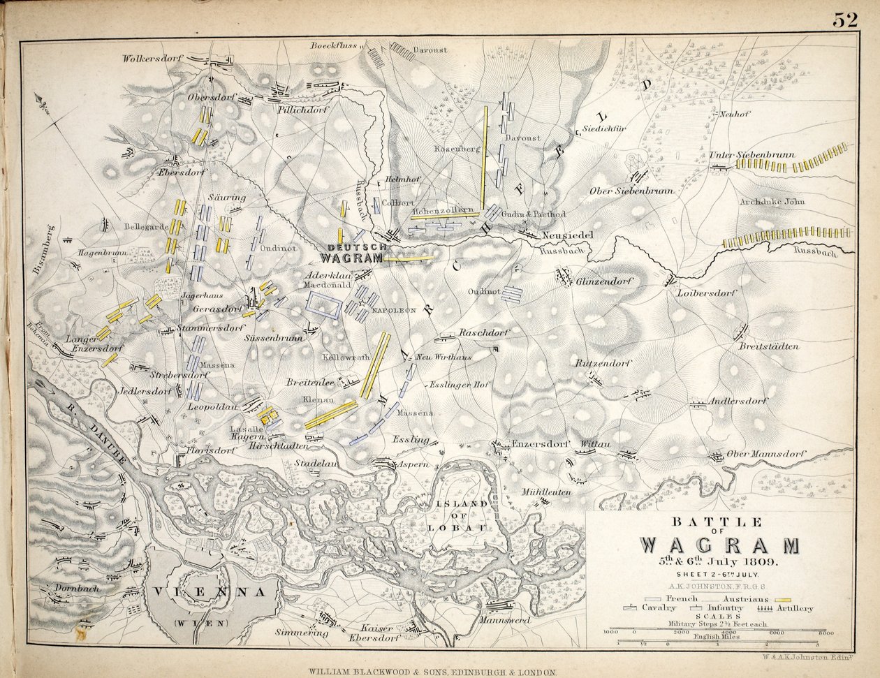 A wagrami csata térképe, kiadó: William Blackwood and Sons, Edinburgh és London, 1848 (kézzel színezett metszet) alkotó: Alexander Keith Johnston