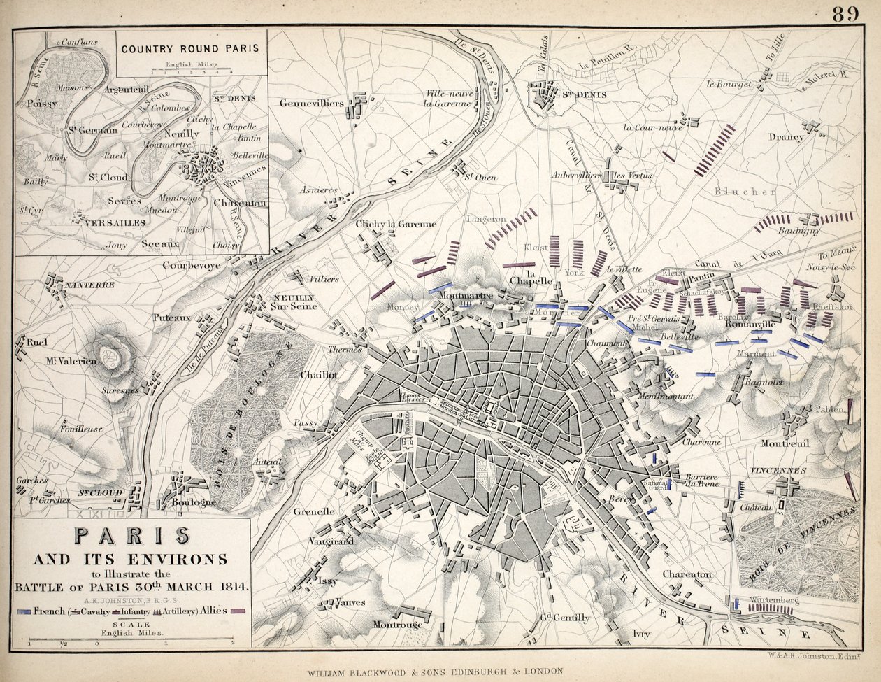 Párizs és környéke, az 1814. március 30-i párizsi csata illusztrálására, közzétéve az 1830-as évek körül alkotó: Alexander Keith Johnston