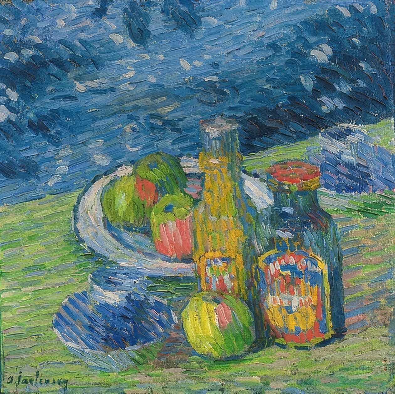 Csendélet palackokkal és gyümölcsökkel. 1900 alkotó: Alexej von Jawlensky