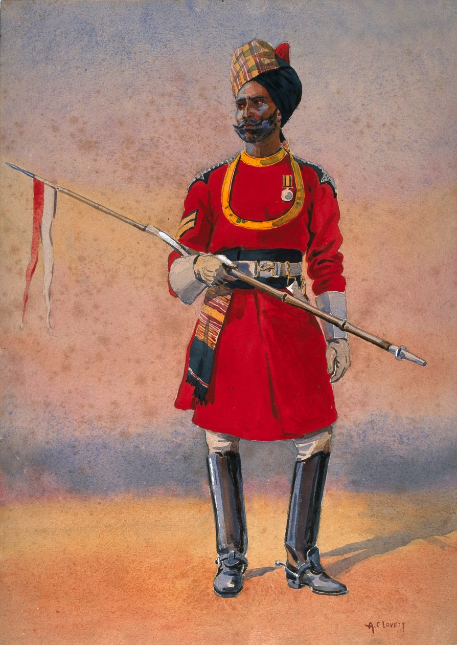 Kormányzó testőrsége, Madras, Madrasi Musalman, illusztráció G.F. MacMunn őrnagy "Armies of India" című könyvéhez, megjelent 1911-ben, 1908. alkotó: Alfred Crowdy Lovett