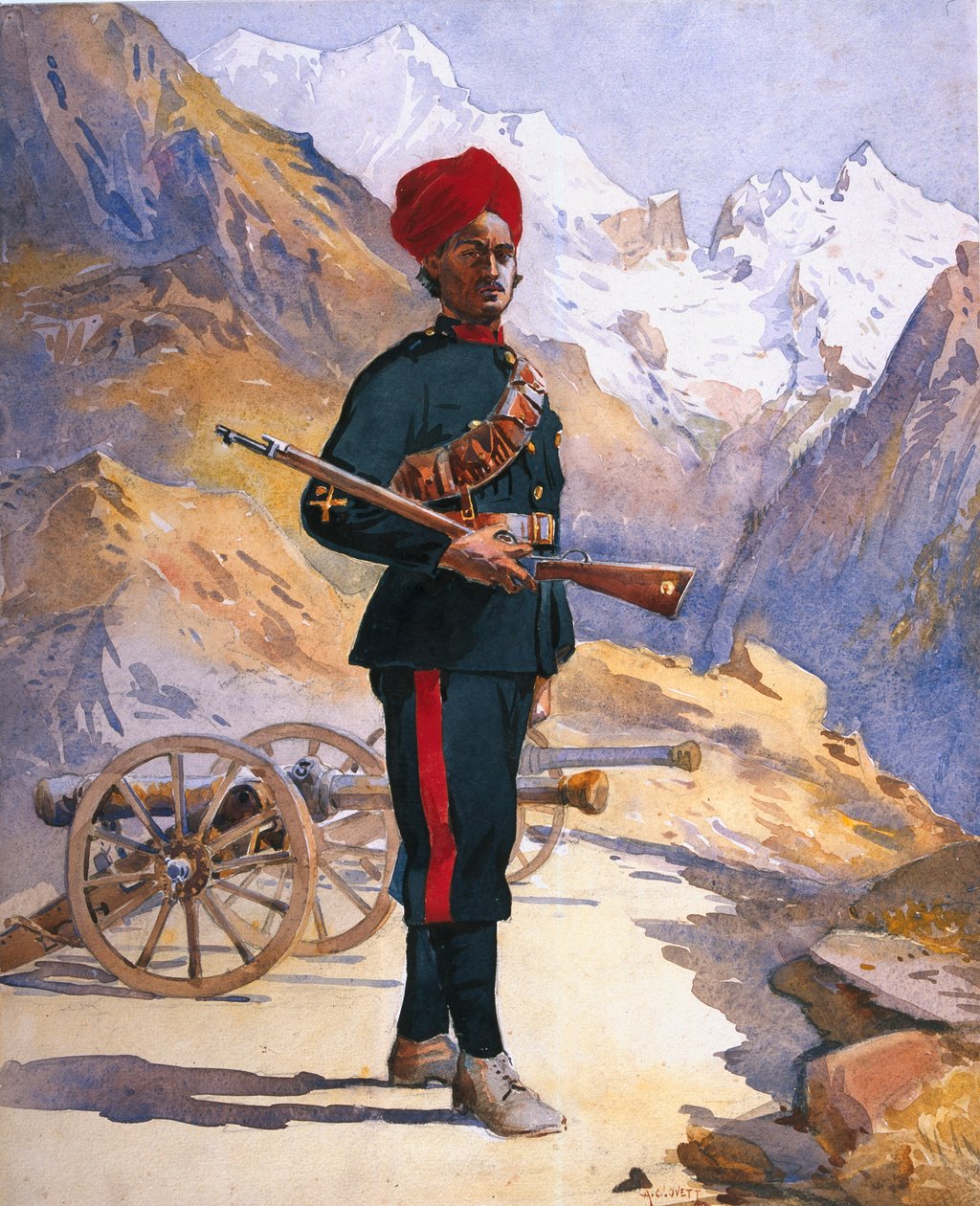 A hegyi üteg tüzére, pandzsábi muszalmán, illusztrációja G. F. őrnagy „Armies of India”-hoz. MacMunn, 1911-ben, 1908-ban jelent meg alkotó: Alfred Crowdy Lovett