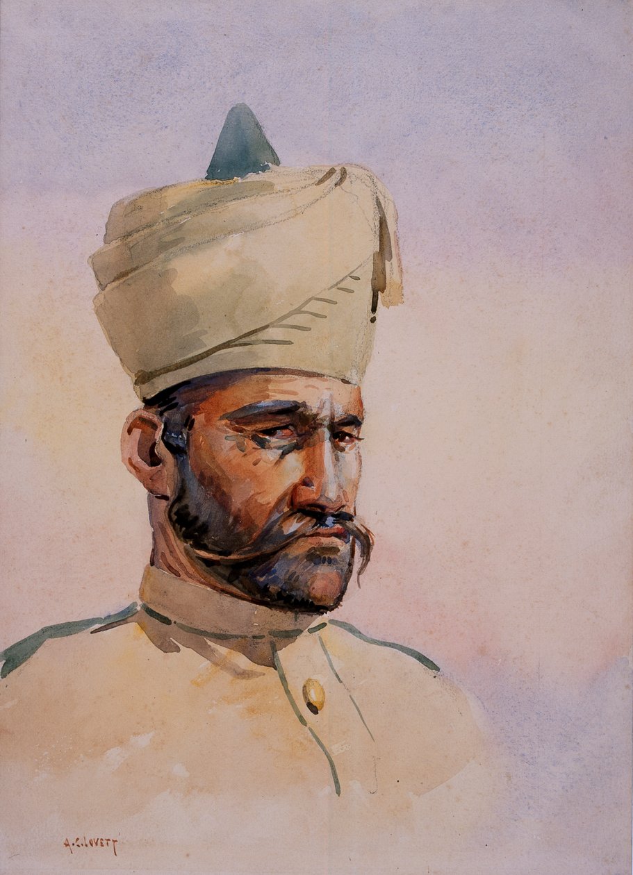 A 40. Pathans, Malikdin Khel (Afridi) katonája, illusztráció G.F. MacMunn őrnagy "Armies of India" című, 1911-ben megjelent könyvéhez, 1908. alkotó: Alfred Crowdy Lovett