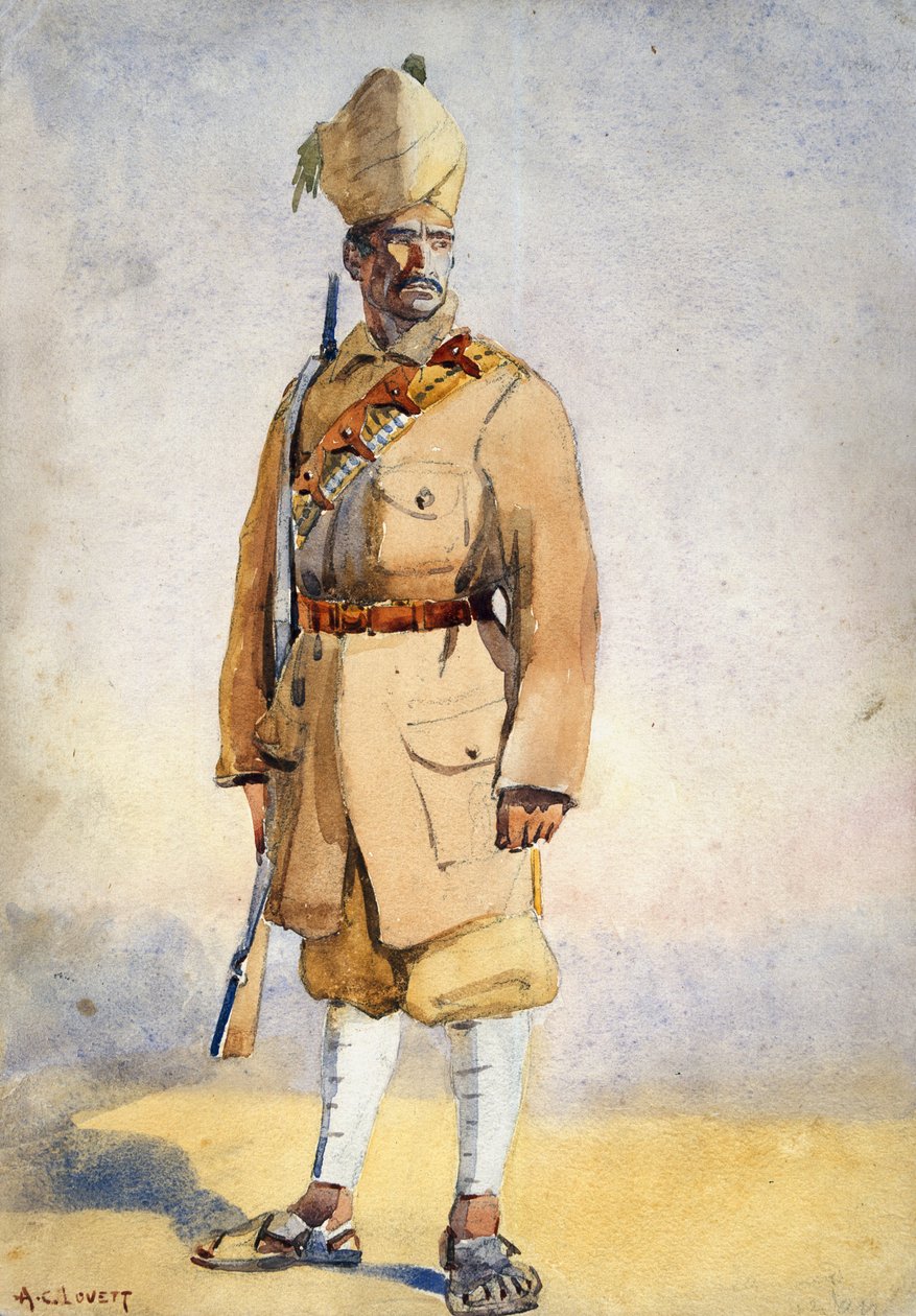 A Khyber-puskák katonája, illusztrációja G.F. őrnagy az „India hadseregeihez”. MacMunn, 1911-ben, 1908-ban jelent meg alkotó: Alfred Crowdy Lovett